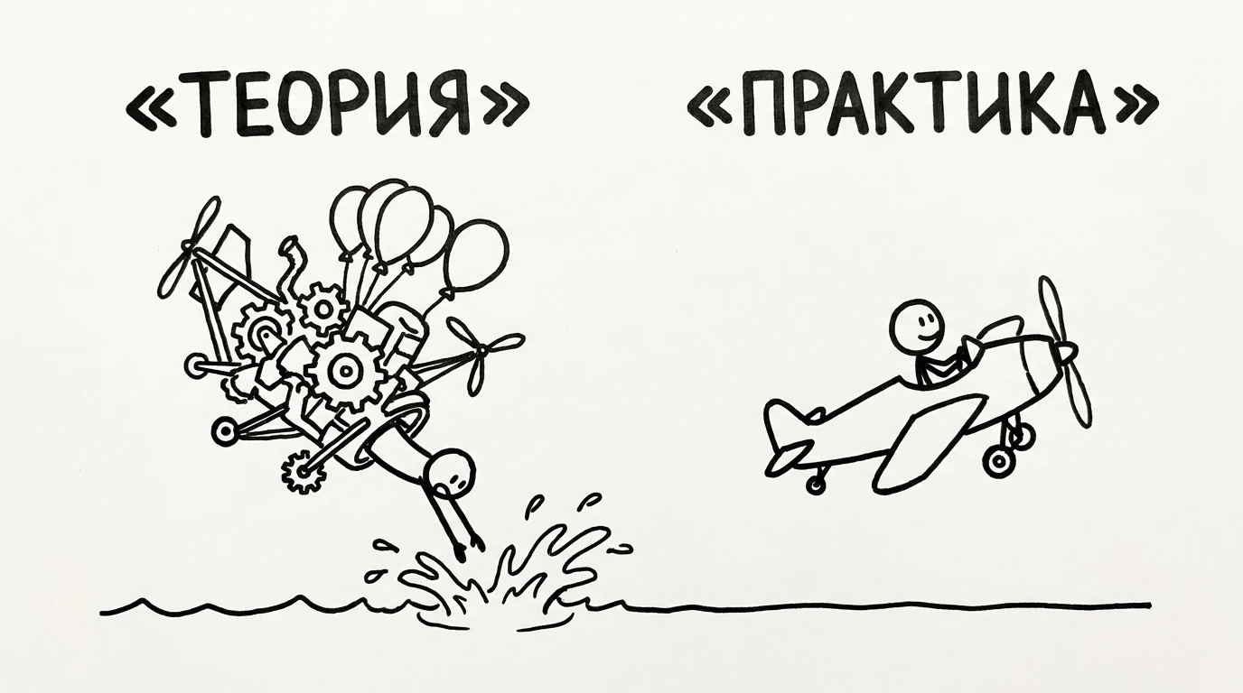 Слева — перегруженный аппарат из теории падает в воду, справа — простой самолёт летит