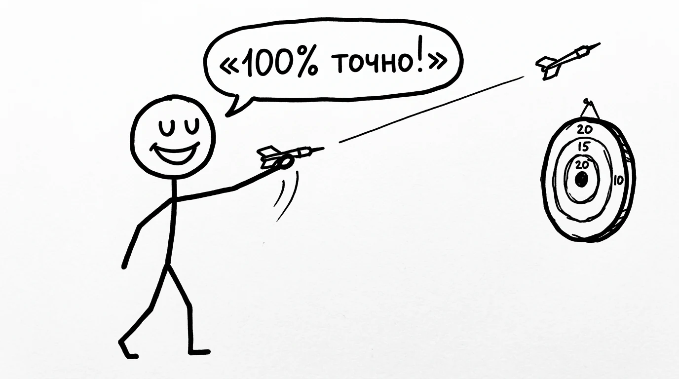 Человек с уверенным видом бросает дротик мимо мишени и говорит «100% точно!»