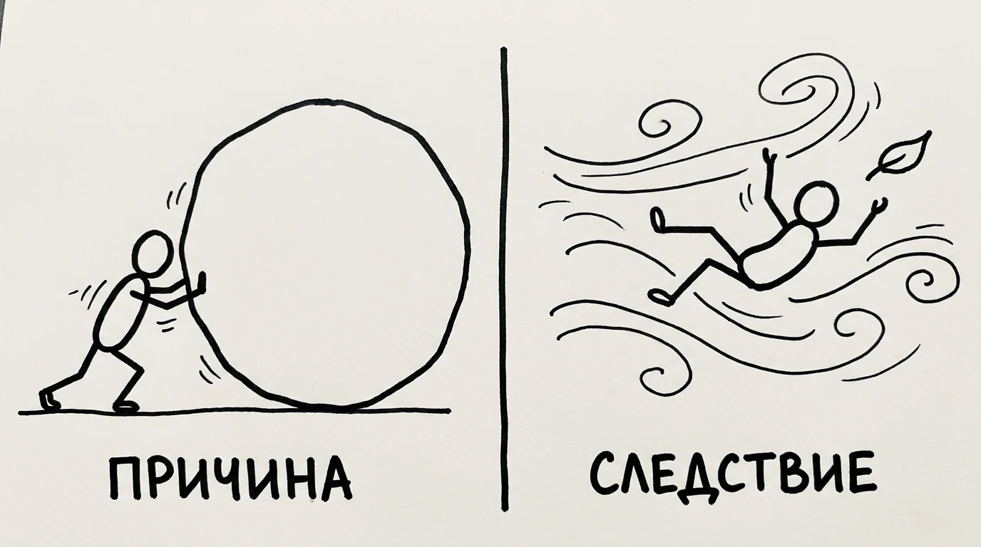Слева человек толкает огромный камень, справа человека несёт ветром как лист