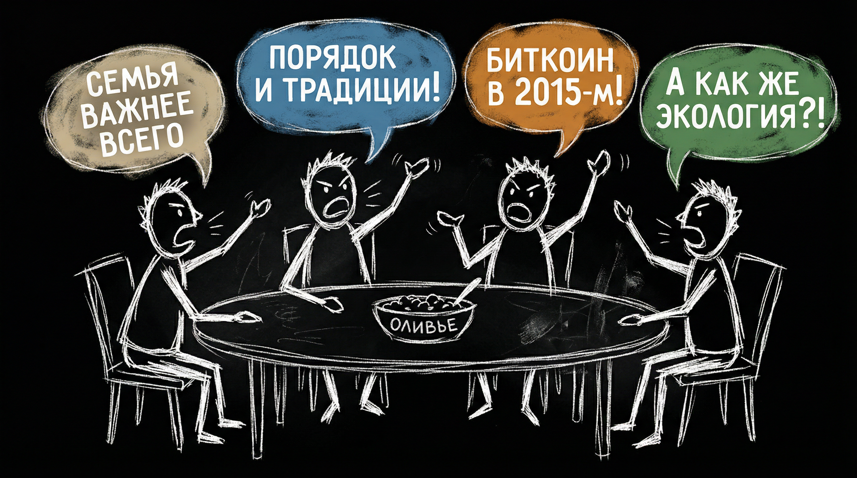 Спиральная динамика — люди с разными ценностями спорят за новогодним столом