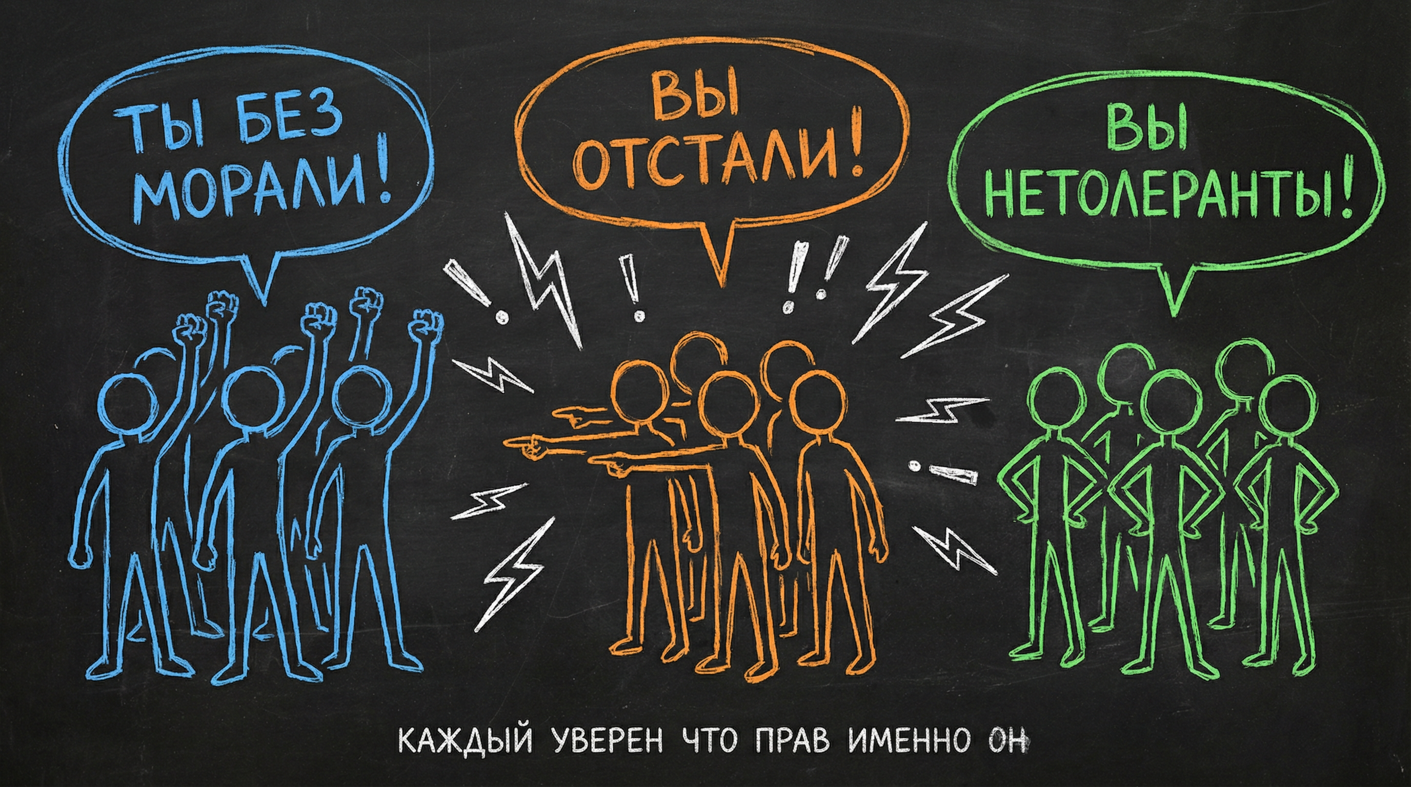 Война уровней спиральной динамики — синие, оранжевые и зелёные стикмены конфликтуют