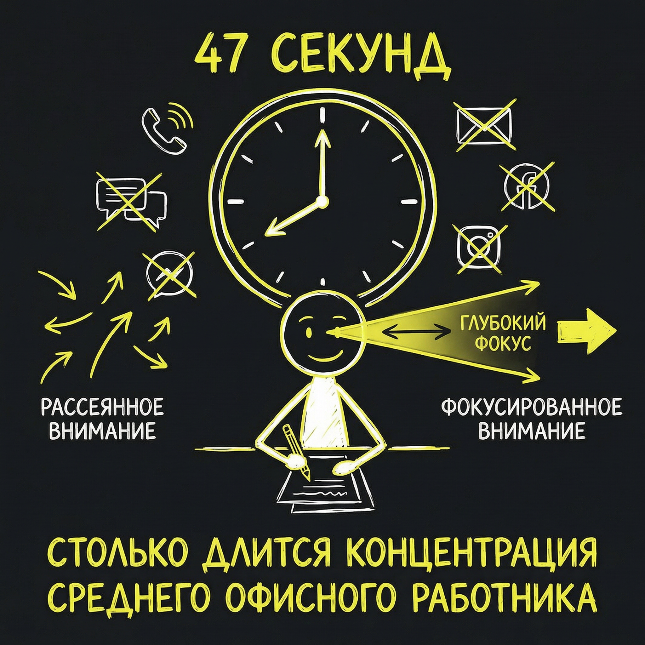 47 секунд — столько длится концентрация среднего офисного работника