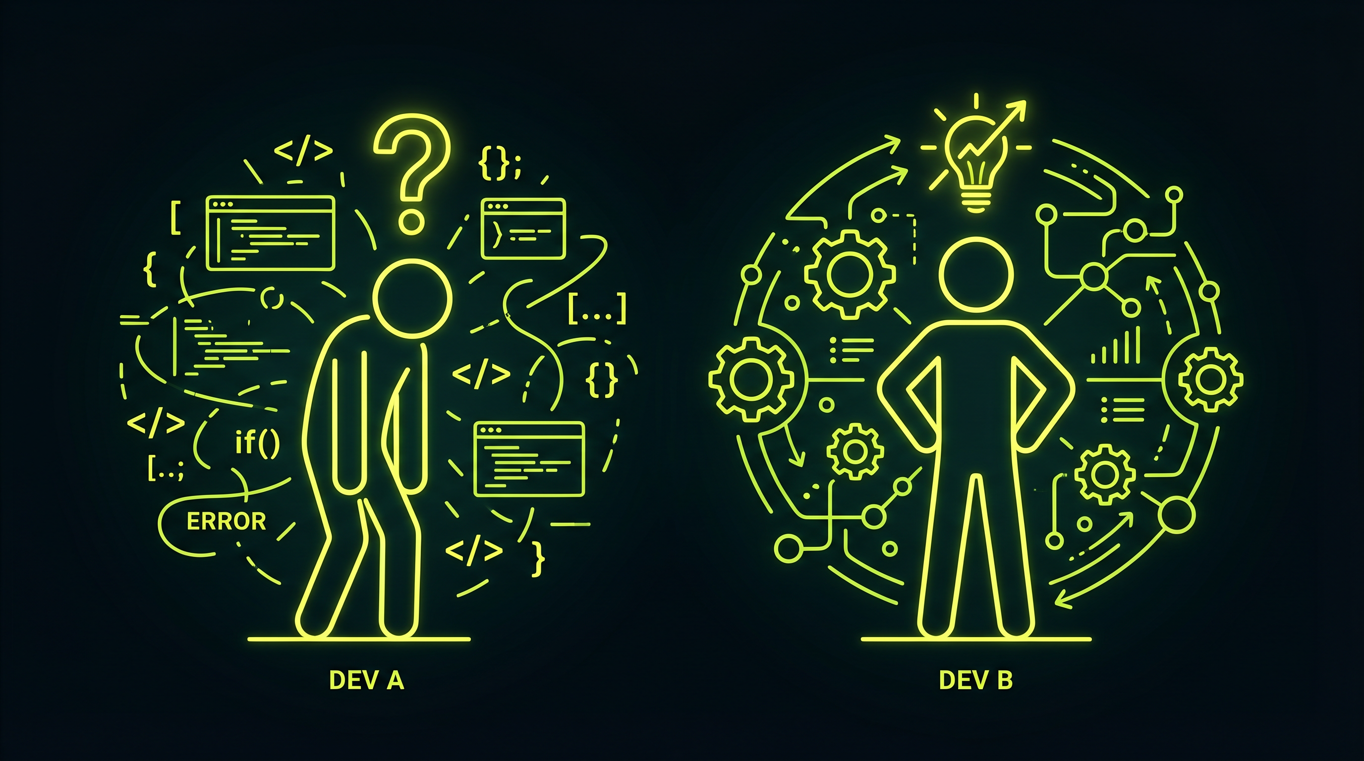 Dev A в хаосе кода, Dev B с гармонией и ростом